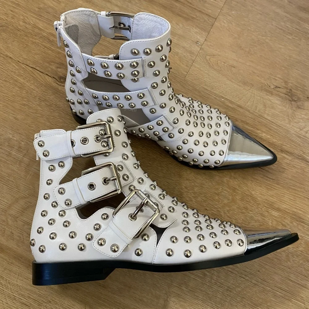 Jeffrey Campbell Kait Studded Ankle Boot Cutout Buckle White 7 NEW